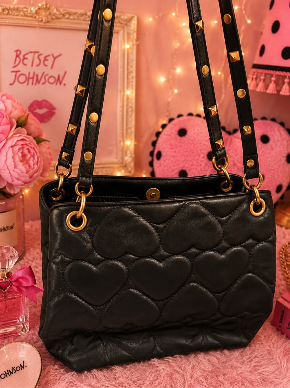 Betsey Johnson Black Heart Quilted Shoulder Tote Bag | Studded Straps